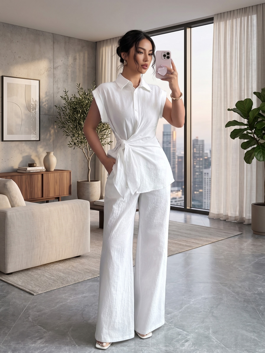 Collared Neck Cap Sleeve Top and Pants Set