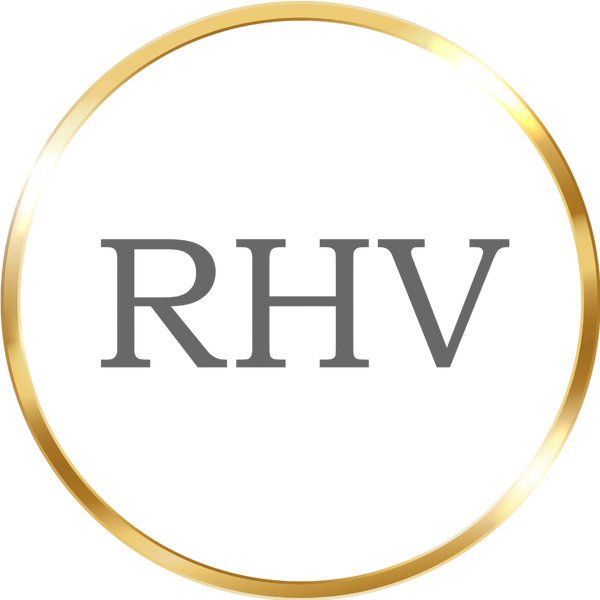 A circular gold emblem with the letters 'RHV' in gray serif font on a white background.

