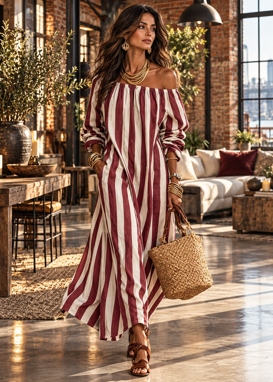 A woman models an off-the-shoulder maxi dress with vertical burgundy and cream stripes in a rustic, sunlit loft setting. She is accessorized with layered gold necklaces, bracelets, and a woven straw tote bag.
