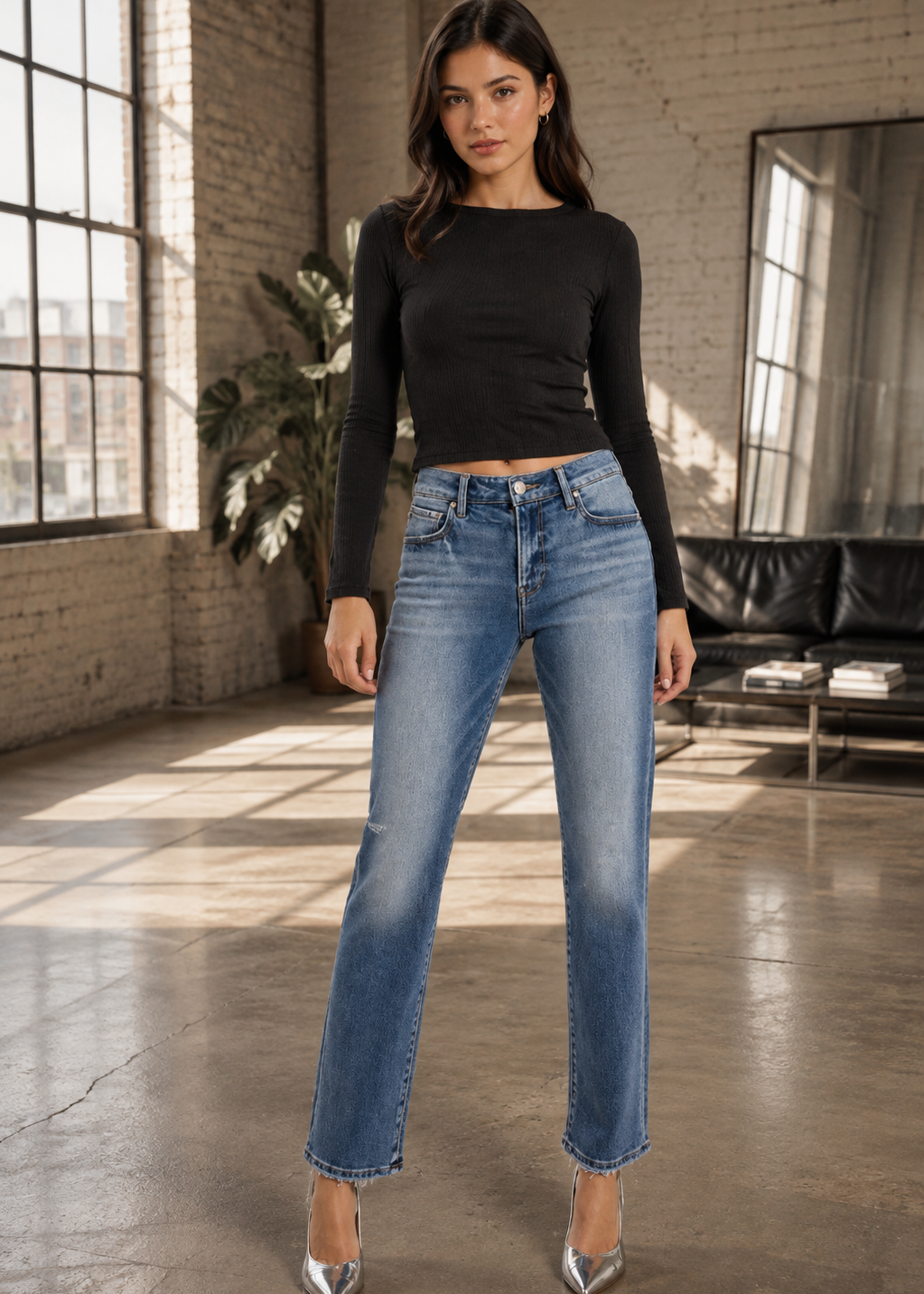 A woman modeling a pair of medium-wash blue straight-leg jeans with a raw hem, paired with a black long-sleeve crop top and silver pointed heels in a bright loft-style room with brick walls and large windows.