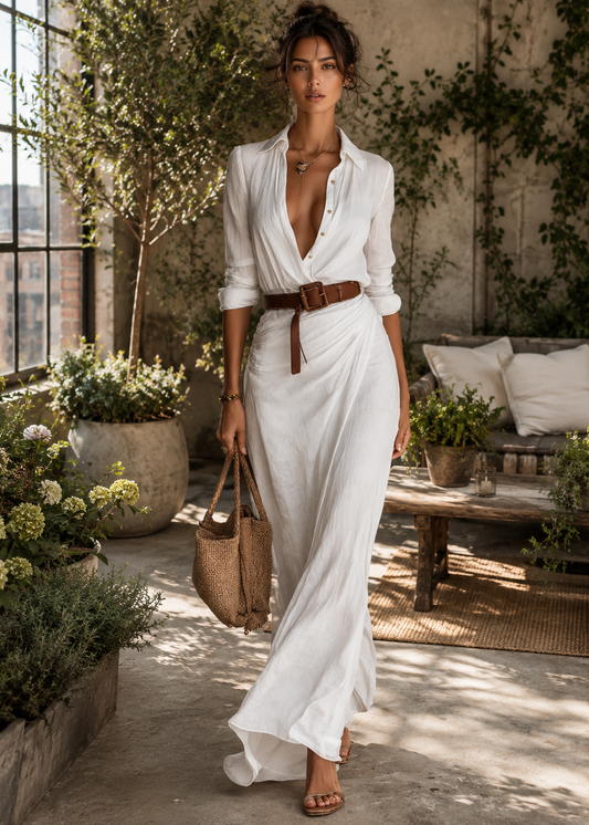 A woman stands in a sunlit patio setting wearing a white long-sleeve button-front maxi dress with a draped wrap-style skirt and a brown belt. She is holding a woven tote bag and wearing flat sandals.