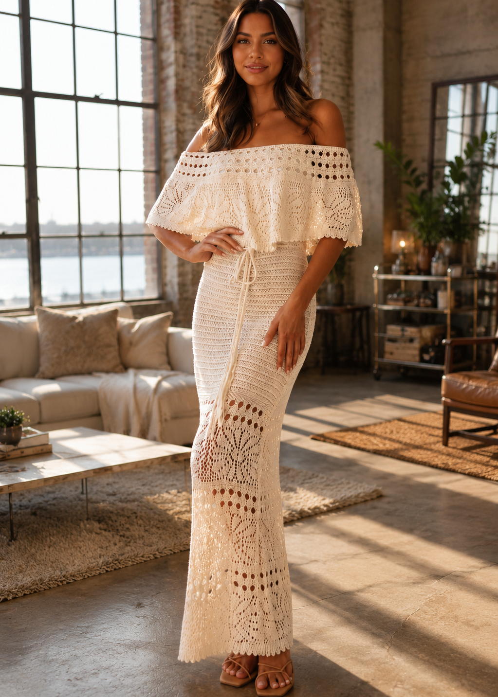 A woman models an off-the-shoulder, off-the-hip crochet maxi dress in a warm cream color, standing in a sunlit loft-style living room with large industrial windows.