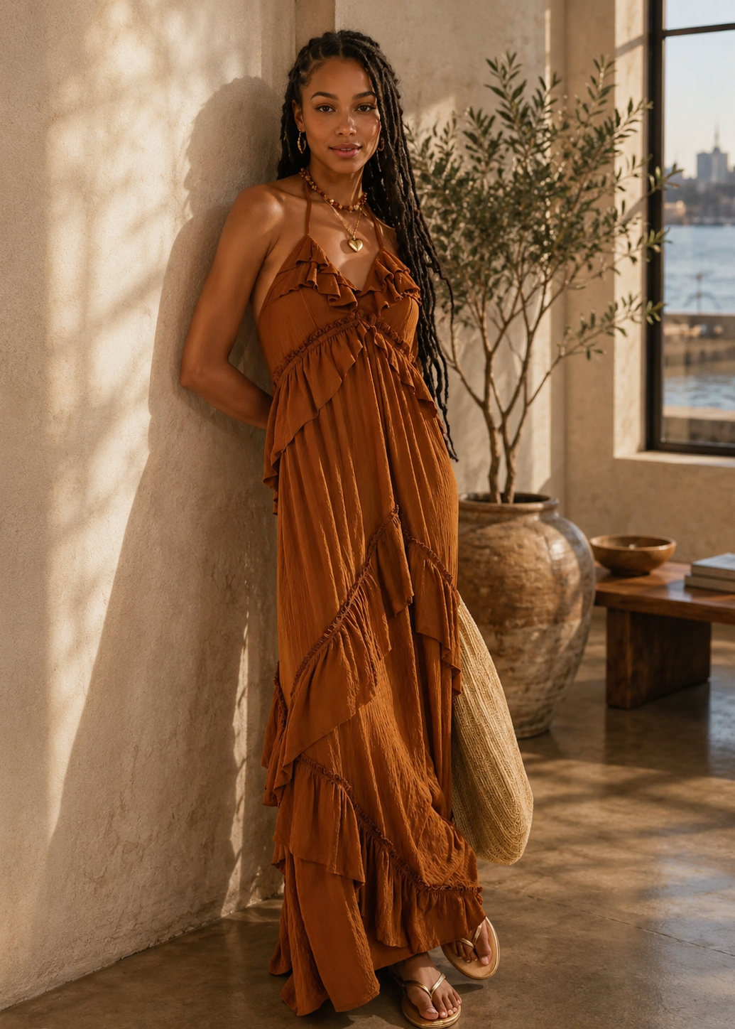 A woman wearing a rust-brown halter-neck maxi dress with ruffled layers leans against a sunlit textured wall in a rustic interior. She is holding a large woven straw bag, with a potted olive tree and a window showing water and skyline in the background.