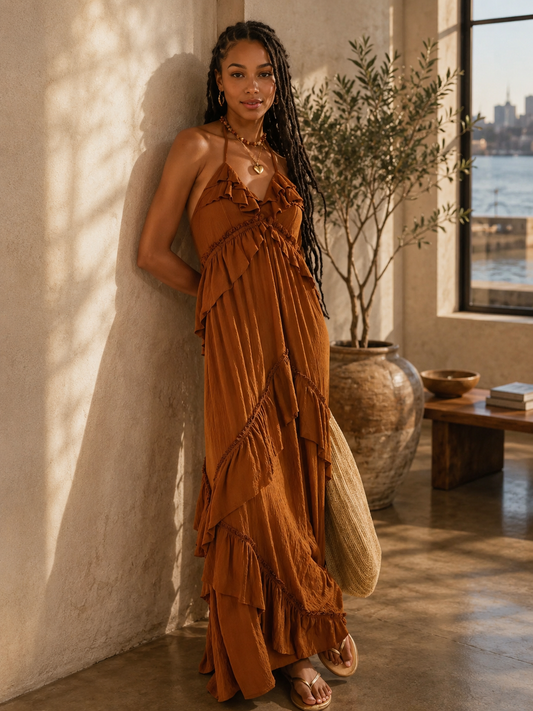 Amalfi Dreams Ruffled Halter Maxi Dress