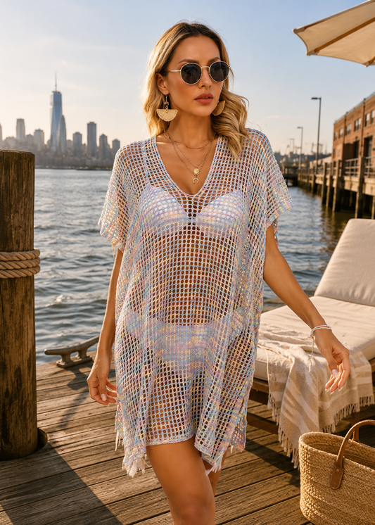 A woman stands on a wooden dock by the water wearing a sheer, short-sleeve crochet cover-up over a white bikini. The cover-up has a multicolor iridescent sheen.
