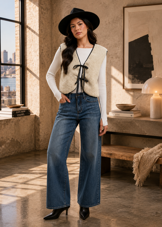 A woman stands in a sunlit loft-style room wearing a black wide-brim hat, a cream sleeveless knit vest over a white long-sleeve top, blue wide-leg jeans, and black heeled boots.