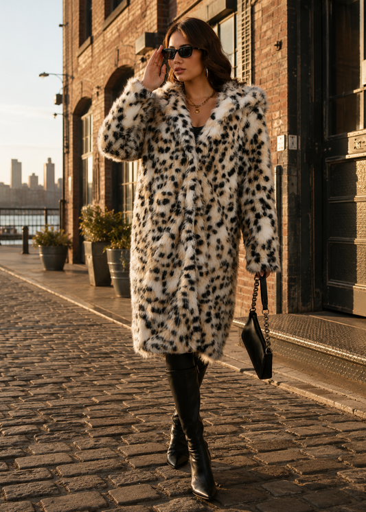 A woman walking on a cobblestone street wearing a long white faux-fur coat with black leopard spots, black knee-high boots, and carrying a black handbag.