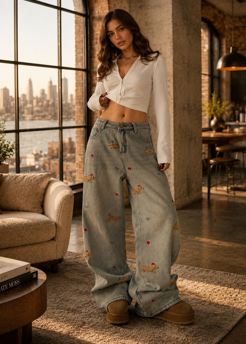 A woman stands in a modern loft-style room with large windows overlooking a city skyline, wearing light-wash wide-leg denim jeans with embroidered motifs, a white cropped long-sleeve top, and tan boots.