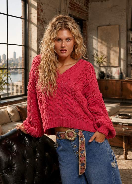A woman with long wavy blonde hair wearing a chunky cable-knit V-neck sweater in a vibrant pinkish-red, paired with blue jeans and a patterned belt, posing in a sunlit loft apartment.