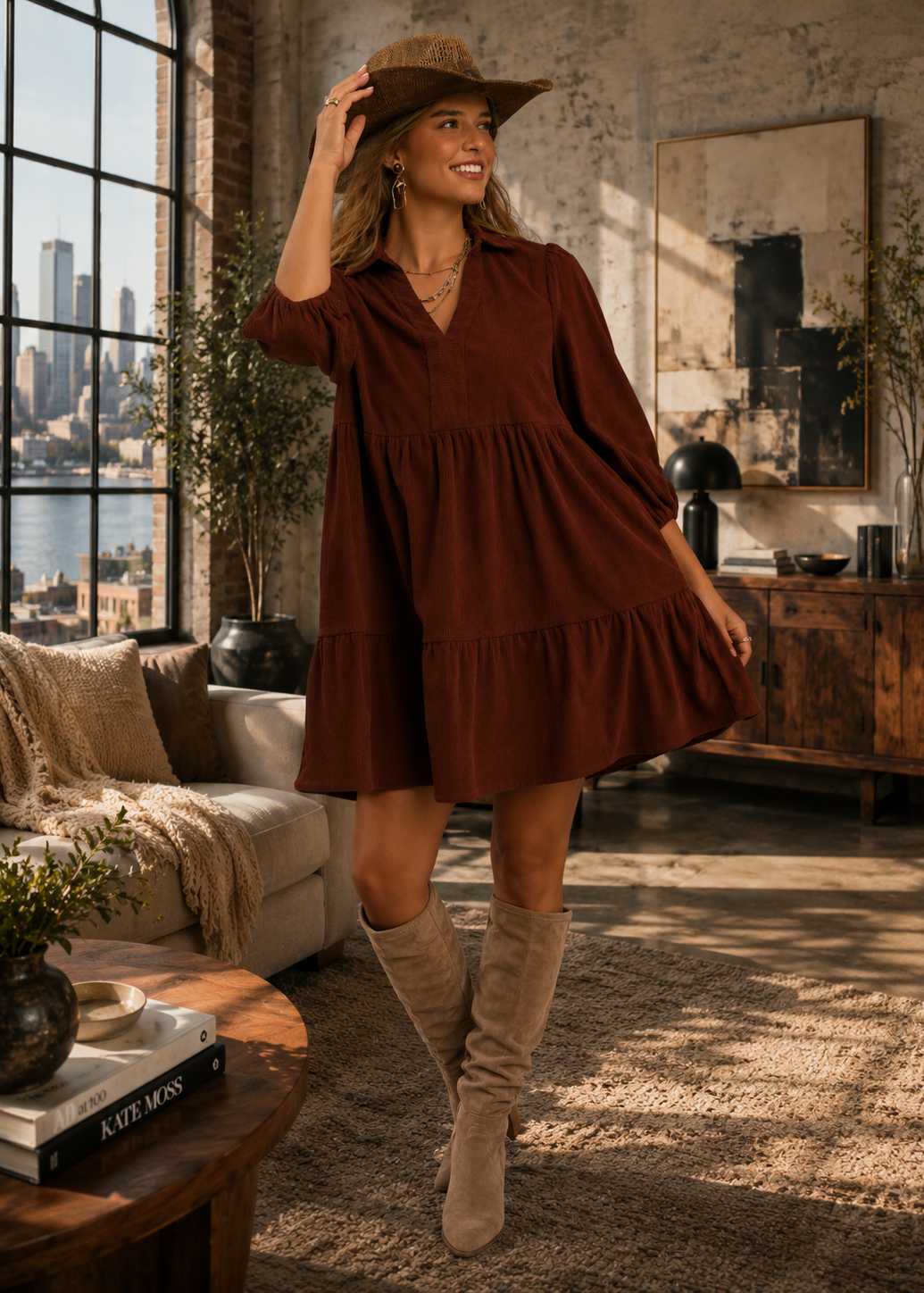A woman wearing a rust-brown tiered mini dress with a V-neck and elbow-length sleeves, styled with a wide-brim straw hat and beige knee-high boots in a sunlit living room.