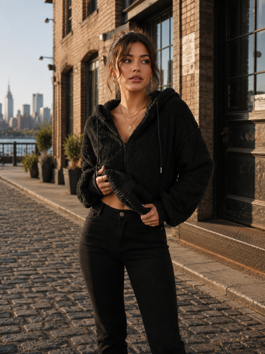 A woman stands on a cobblestone street wearing a black fuzzy cropped zip-up hoodie with a hood and black pants, with a brick building and city skyline in the background.