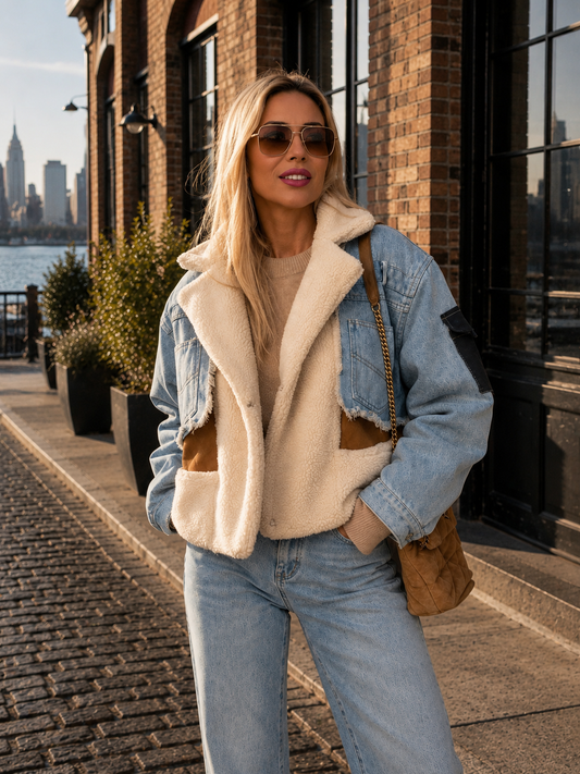 A woman wearing a light blue denim jacket with a cream sherpa lining and brown suede-like patches, paired with light blue jeans and sunglasses, standing on a cobblestone street in front of a brick building.