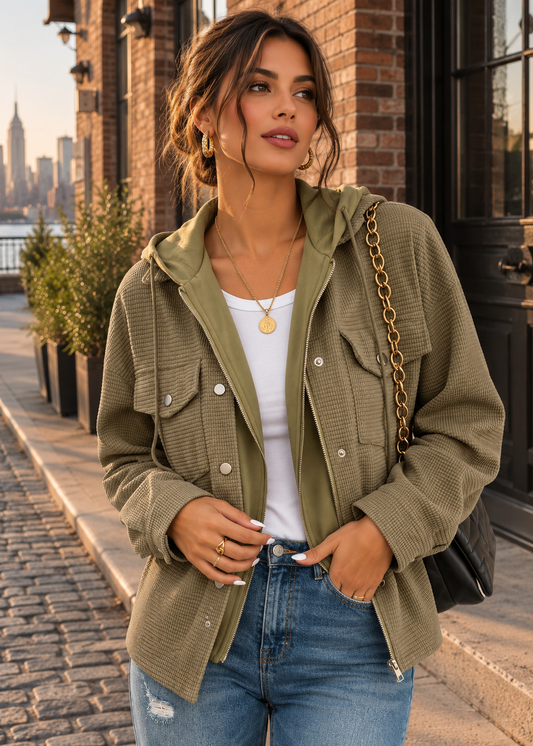 A woman wearing an olive green hooded jacket with a waffle texture, layered over a white top and blue jeans, standing on a cobblestone street in front of a brick building.