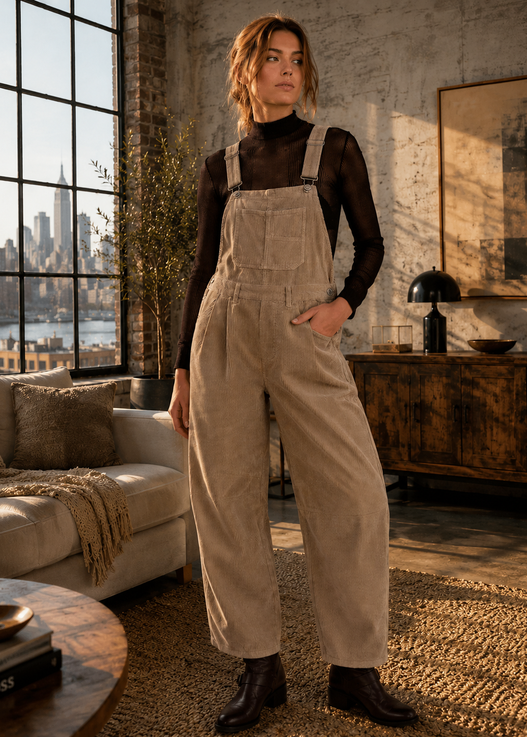 A woman stands in a sunlit loft living room wearing beige corduroy bib overalls over a sheer black long-sleeve top and black ankle boots. The room has a large window with a city skyline view, a sofa, and a wooden cabinet.