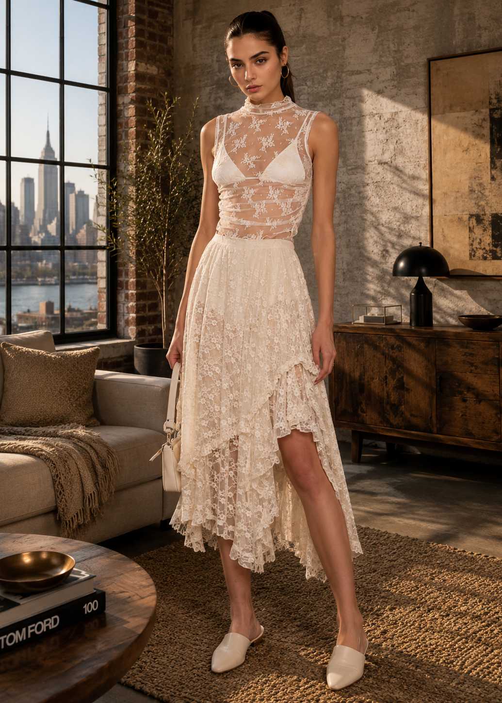 A woman models a sleeveless high-neck lace midi dress in a warm cream or off-white tone, styled in a modern loft setting with a city skyline window view, brick walls, and a wooden console.
