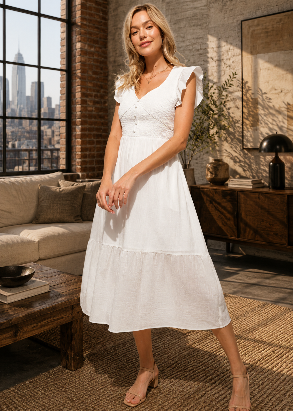 A woman modeling a white tiered midi dress with ruffled cap sleeves in a sunlit loft-style living room with brick walls and a city view.