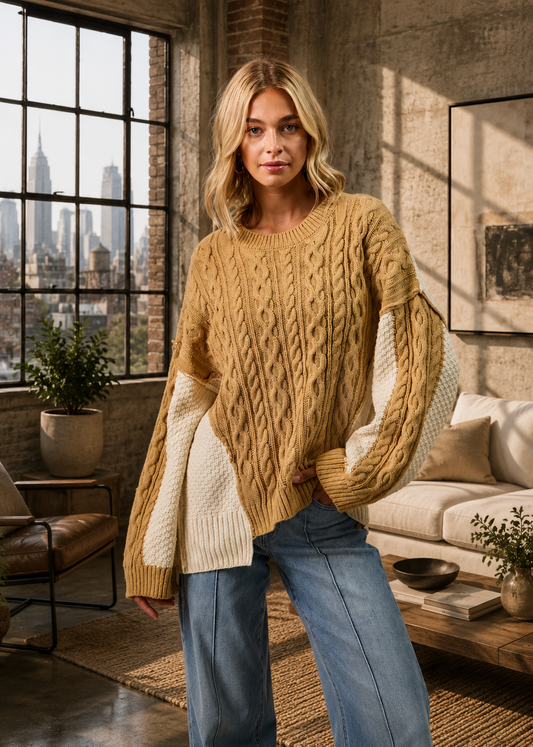 A woman wearing a chunky cable-knit sweater with a camel yellow body and cream-colored sleeves and hem, paired with blue jeans in a modern loft setting.