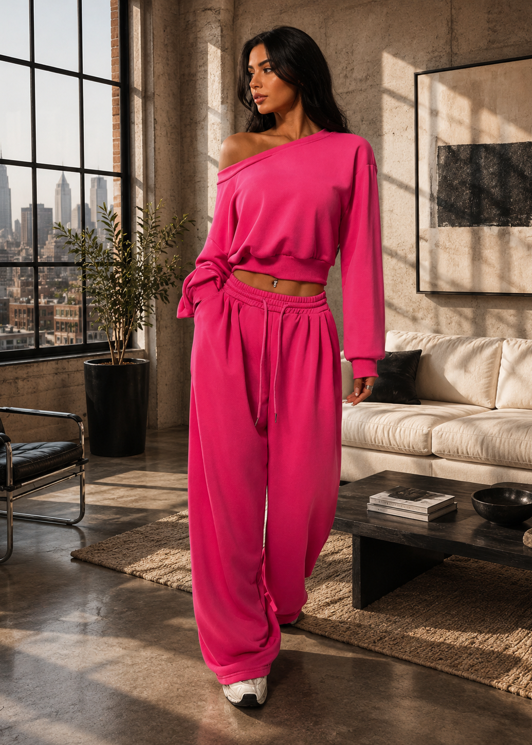 A woman modeling a bright pink two-piece lounge set consisting of an off-the-shoulder long-sleeve crop top and matching wide-leg pants, standing in a modern loft-style living room with a city view.