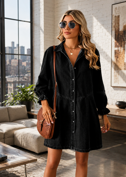 A woman wearing a black denim button-down shirt dress stands in a modern loft-style room with a brick wall, large windows, and a city view. She is carrying a brown leather crossbody bag.