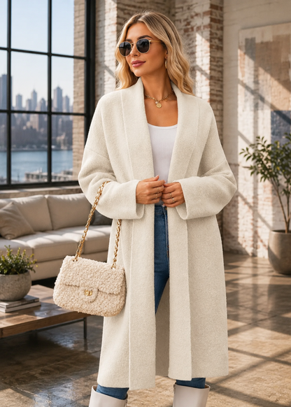 A woman models a long, open-front cream-colored fuzzy coat in a modern loft setting with large windows, brick walls, and a city skyline view. She is wearing round sunglasses, a white top, blue jeans, white boots, and carrying a matching cream textured handbag with a gold chain strap.