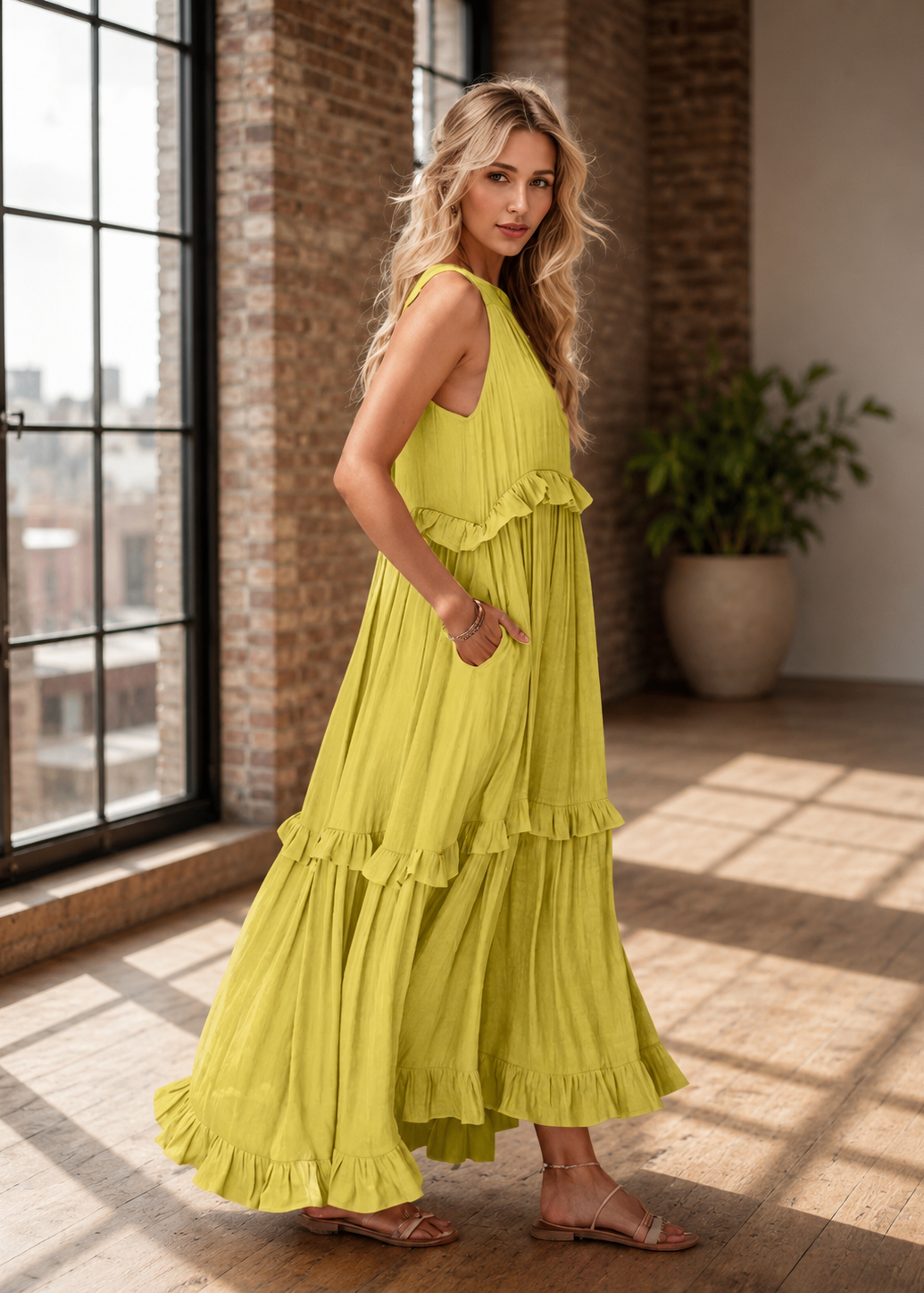 A woman modeling a sleeveless, tiered maxi dress in a bright yellow-green color, standing in a loft-style room with brick walls, large windows, and a potted plant.