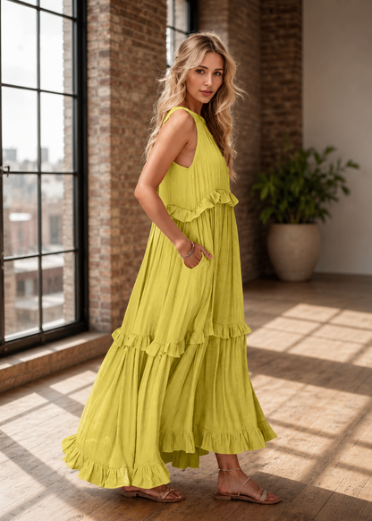 A woman modeling a sleeveless, tiered maxi dress in a bright yellow-green color, standing in a loft-style room with brick walls, large windows, and a potted plant.