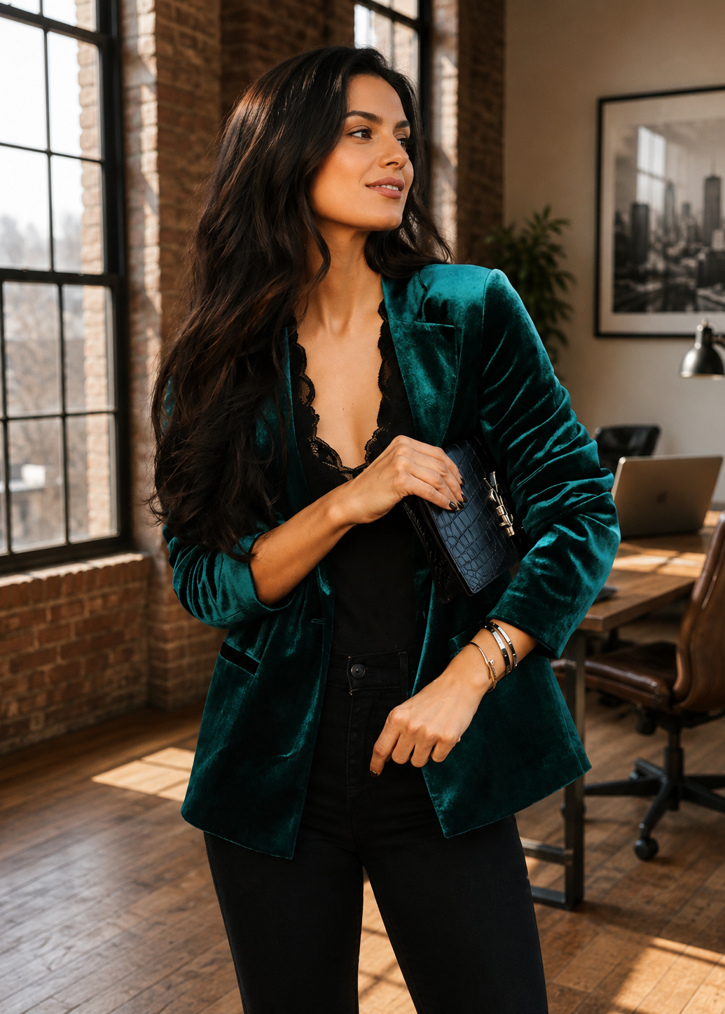 A woman stands in a sunlit office wearing a deep emerald green velvet blazer over a black top and black pants, holding a dark textured clutch.