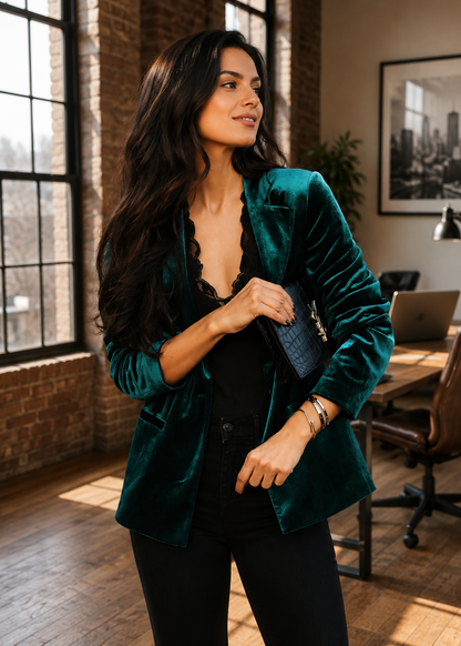A woman stands in a sunlit office wearing a deep emerald green velvet blazer over a black top and black pants, holding a dark textured clutch.