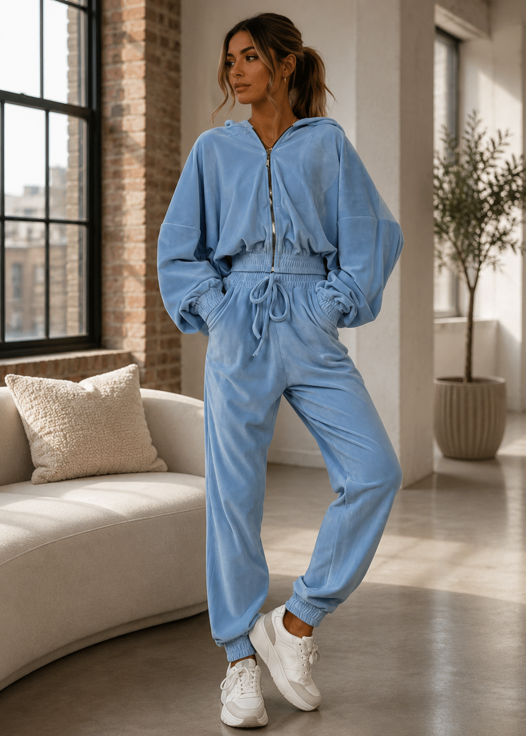 A woman modeling a light blue zip-up hooded sweatshirt and matching jogger pants set, styled with white sneakers in a modern living room setting.