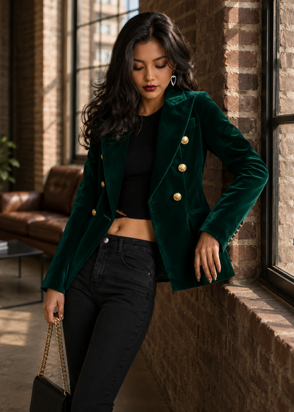 A woman wearing a dark green velvet double-breasted blazer with gold buttons, a black crop top, and black jeans, leaning against a brick wall in a loft-style room.