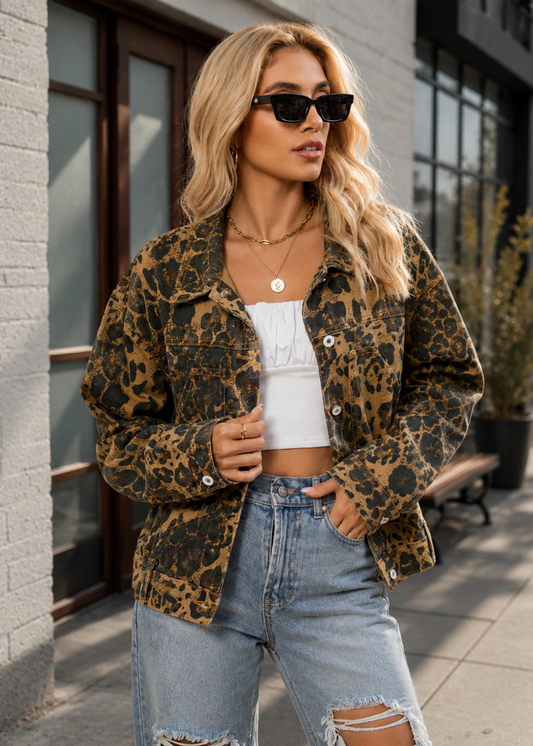 A woman wearing a brown and black leopard print denim jacket over a white crop top and light blue ripped jeans, standing outdoors in front of a building with large windows.