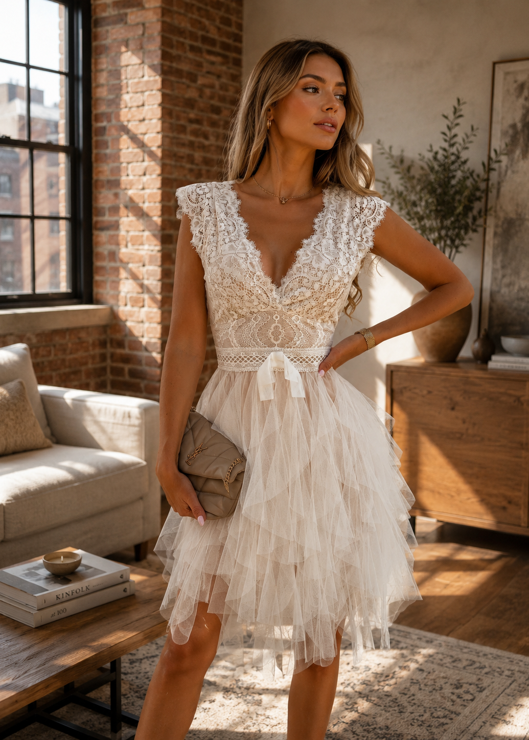 A woman models a white lace and tulle mini dress in a sunlit loft-style room with brick walls, a sofa, and a wooden cabinet.
