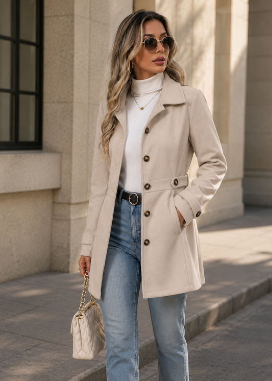 A woman wearing a light beige trench coat over a white turtleneck and blue jeans, standing on a city sidewalk in front of a stone building. She is holding a small quilted cream handbag.