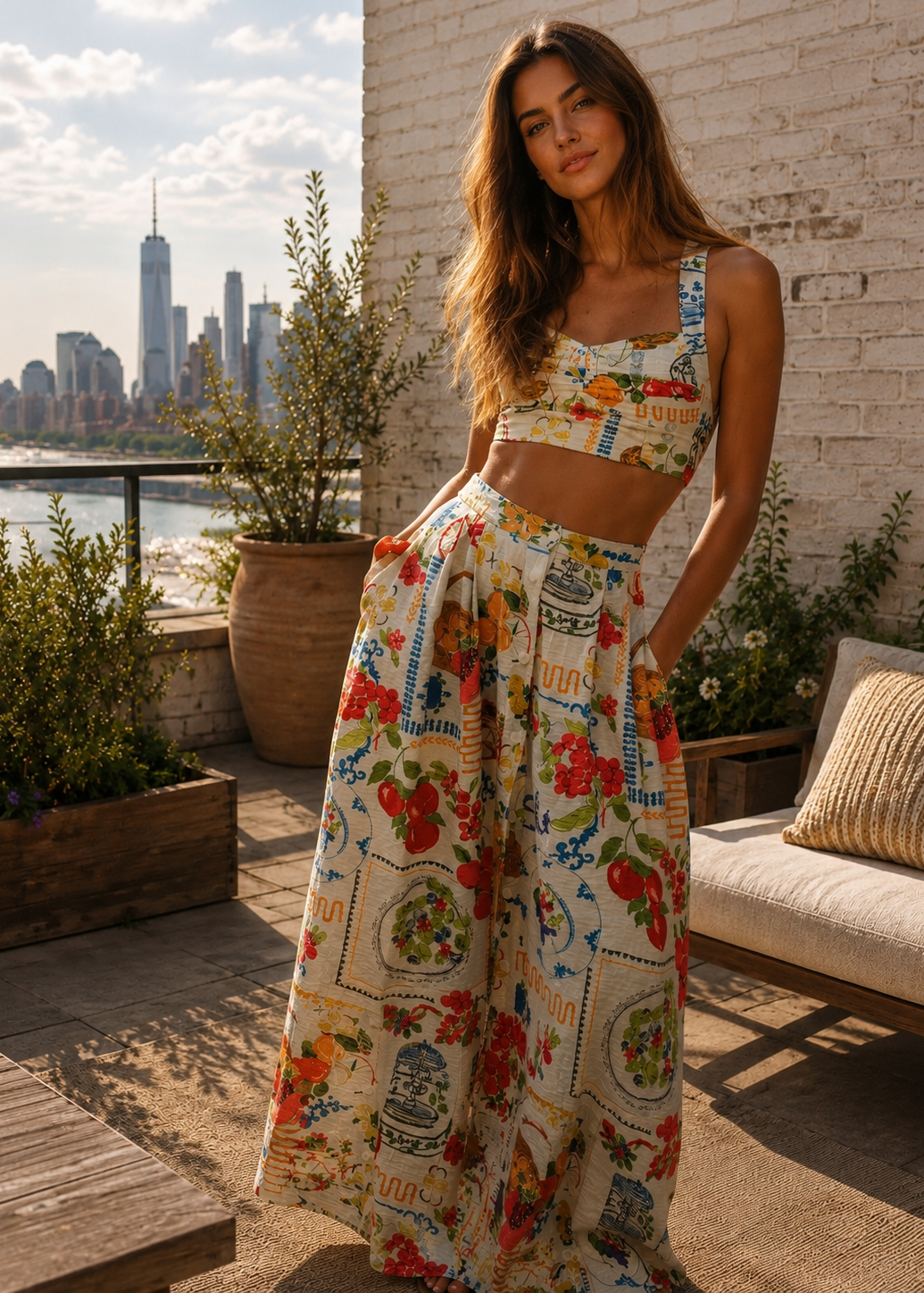 A woman stands on a sunlit balcony wearing a matching two-piece outfit with a cropped tank top and a long wide-leg skirt, both in a colorful floral and vintage-style print. The background shows a city skyline, potted plants, a white brick wall, and a cushioned outdoor chair.