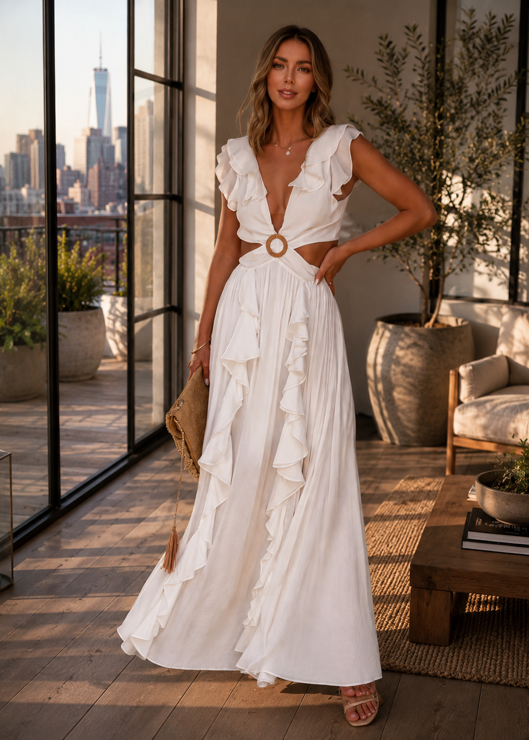 A woman models a white ruffled maxi dress with a cutout waist and a gold circular accent, standing on a sunlit balcony with a city skyline in the background.