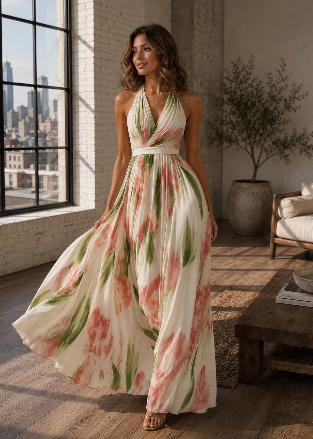 A woman wearing a sleeveless halter-neck maxi dress with a pink and green floral print on a cream background, standing in a sunlit loft room with a city view window.