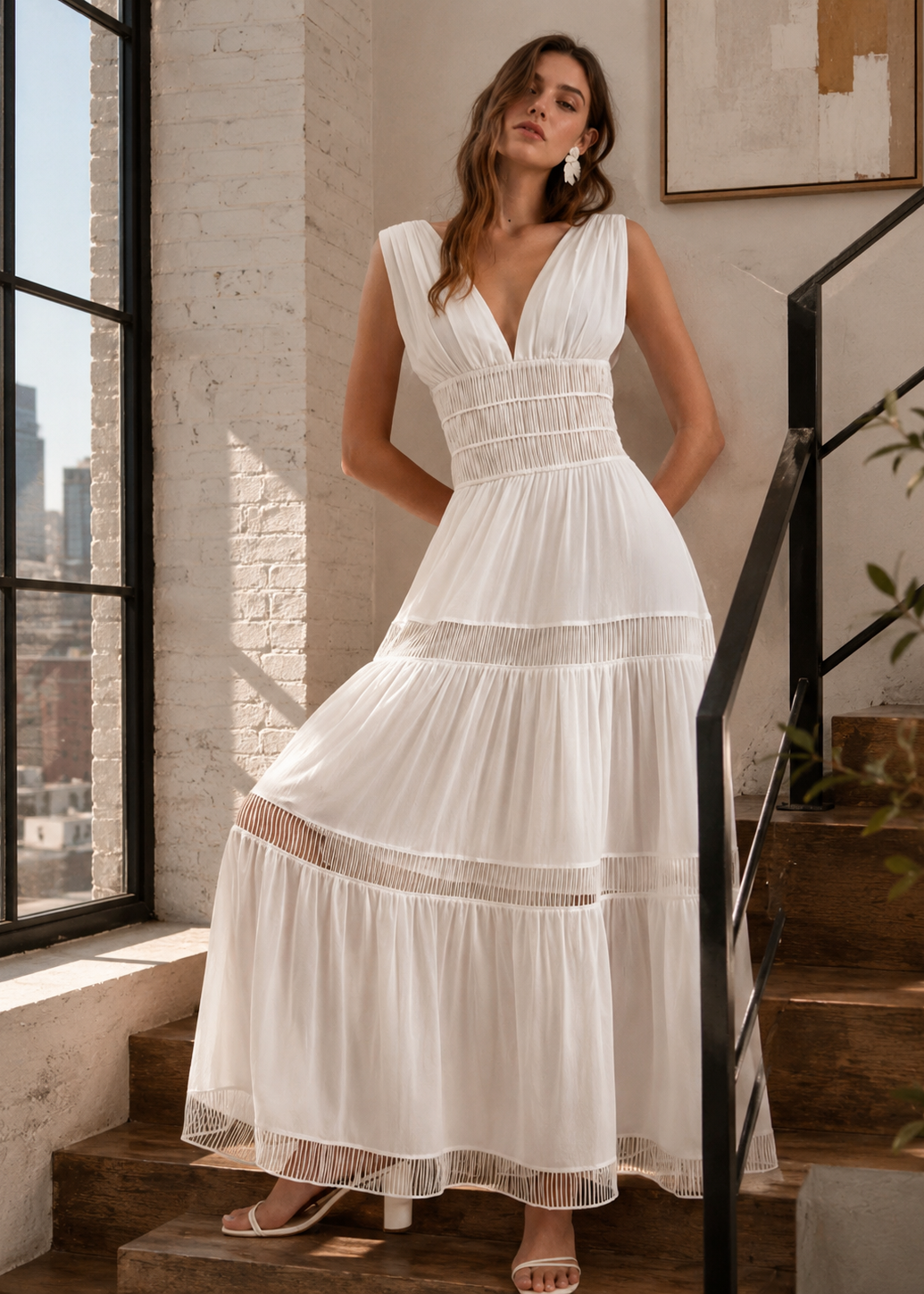 A woman wearing a sleeveless white tiered maxi dress with a smocked bodice and sheer ruffle details, standing on wooden stairs in a bright loft-style room with a brick wall and large window.
