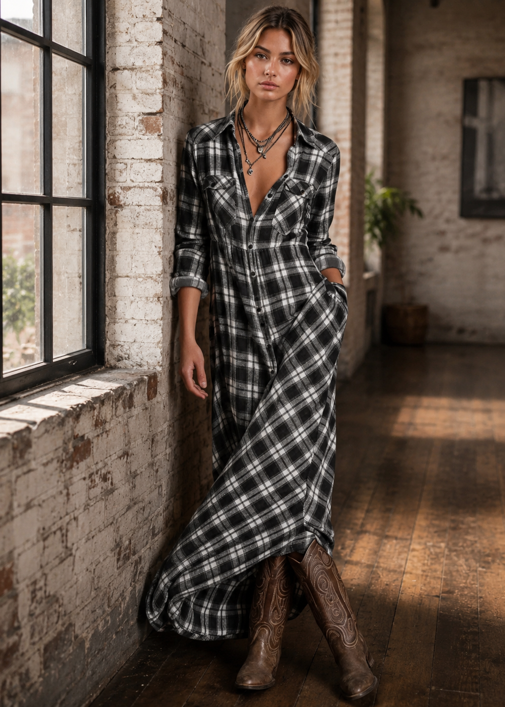 A woman modeling a black and white plaid flannel maxi shirt dress with rolled sleeves and a V-neckline, paired with brown cowboy boots, leaning against a white brick wall in a sunlit loft with hardwood floors