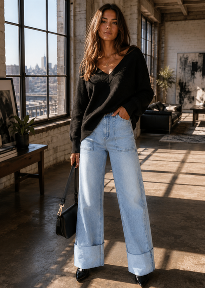A woman stands in a sunlit loft-style room wearing a black knit sweater, light-wash wide-leg cuffed jeans, black shoes, and carrying a small black handbag.