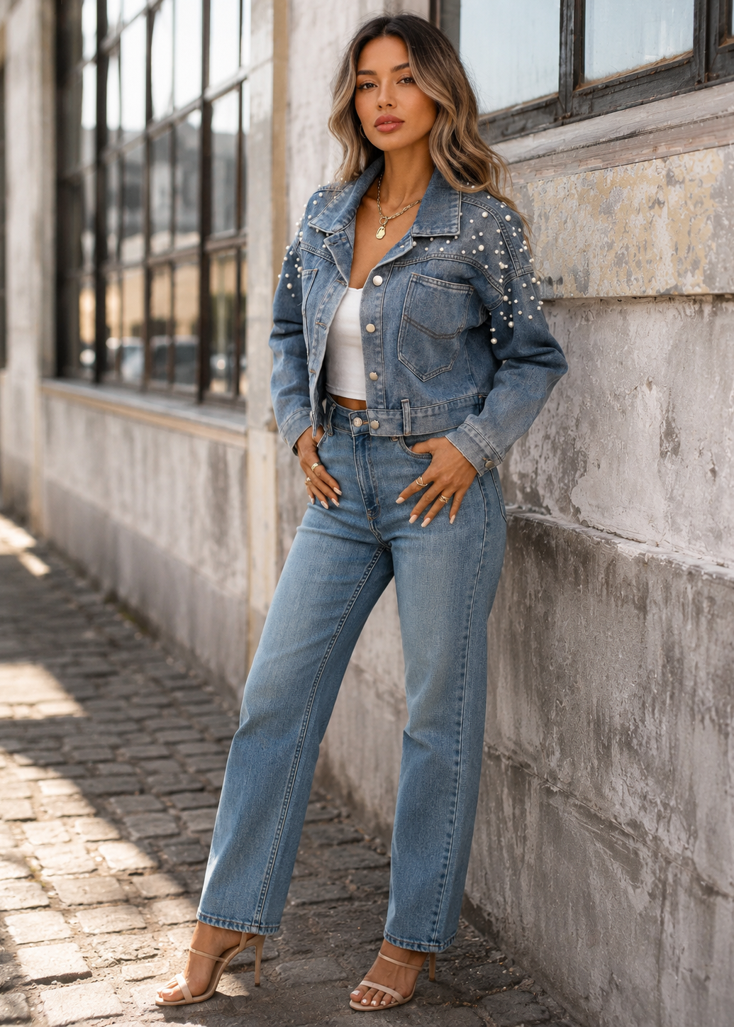 A woman stands outdoors against a weathered concrete wall wearing a light blue denim jacket with silver studs, matching blue jeans, a white top, and beige heeled sandals.