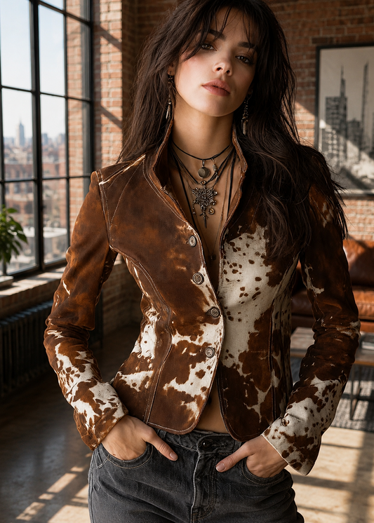 A woman wearing a brown and white cow-print suede jacket over a matching cow-print top, paired with dark gray jeans, standing in a loft-style room with brick walls and large windows.
