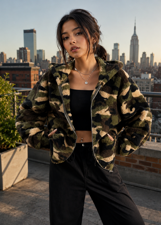 A woman stands on a rooftop terrace wearing a fuzzy camouflage-patterned zip-up hoodie over a black crop top and black pants, with a city skyline in the background.