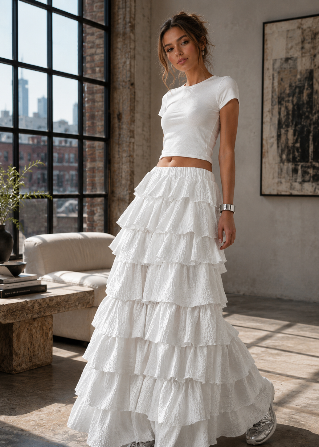 A woman models a white two-piece outfit consisting of a short-sleeve crewneck crop top and a long, tiered ruffle maxi skirt, standing in a modern loft-style room with large windows.