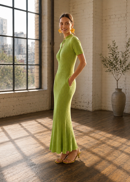 A woman wearing a bright lime green short-sleeve knit maxi dress with a high mock neck and pleated flared hem, standing in a sunlit loft room with brick walls and a large window.