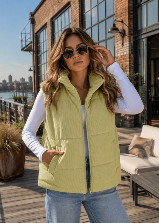 A woman wearing a light yellow-green corduroy puffer vest over a white long-sleeve top and blue jeans, standing on a wooden deck in front of a brick building with large windows.