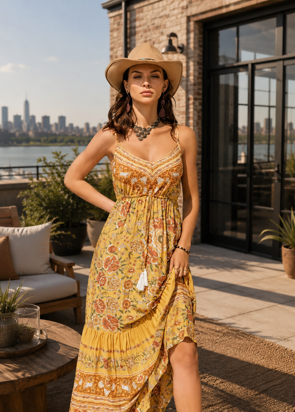 A woman stands on a sunlit patio wearing a yellow floral midi dress with thin straps, a V-neckline, and a gathered waist, paired with a wide-brim tan hat. The background shows a brick building, large glass doors, potted plants, and a city skyline across water.