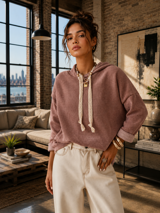 A woman wearing a dusty rose oversized hoodie with cream drawstrings and cream wide-leg jeans, standing in a modern loft-style room with brick walls, a window view, and a couch in the background.