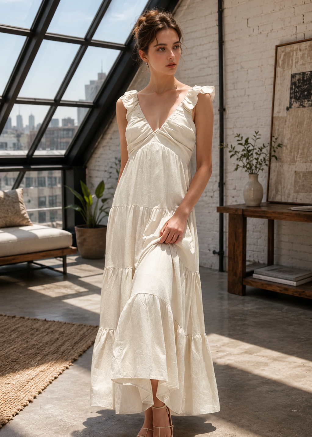 A woman wearing a sleeveless cream-colored maxi dress with ruffled shoulders and a tiered skirt, standing in a bright loft-style room with large windows and a brick wall.
