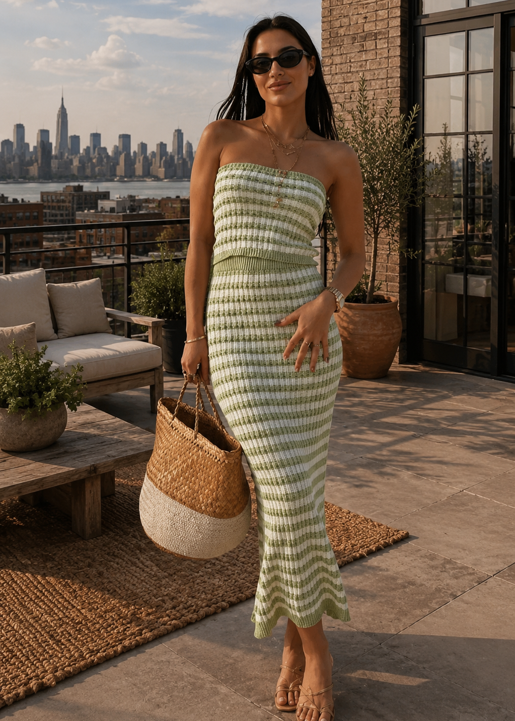 A woman stands on a rooftop terrace wearing a strapless, fitted, vertically striped dress in pale green and white. She is holding a woven straw tote bag and wearing sunglasses.
