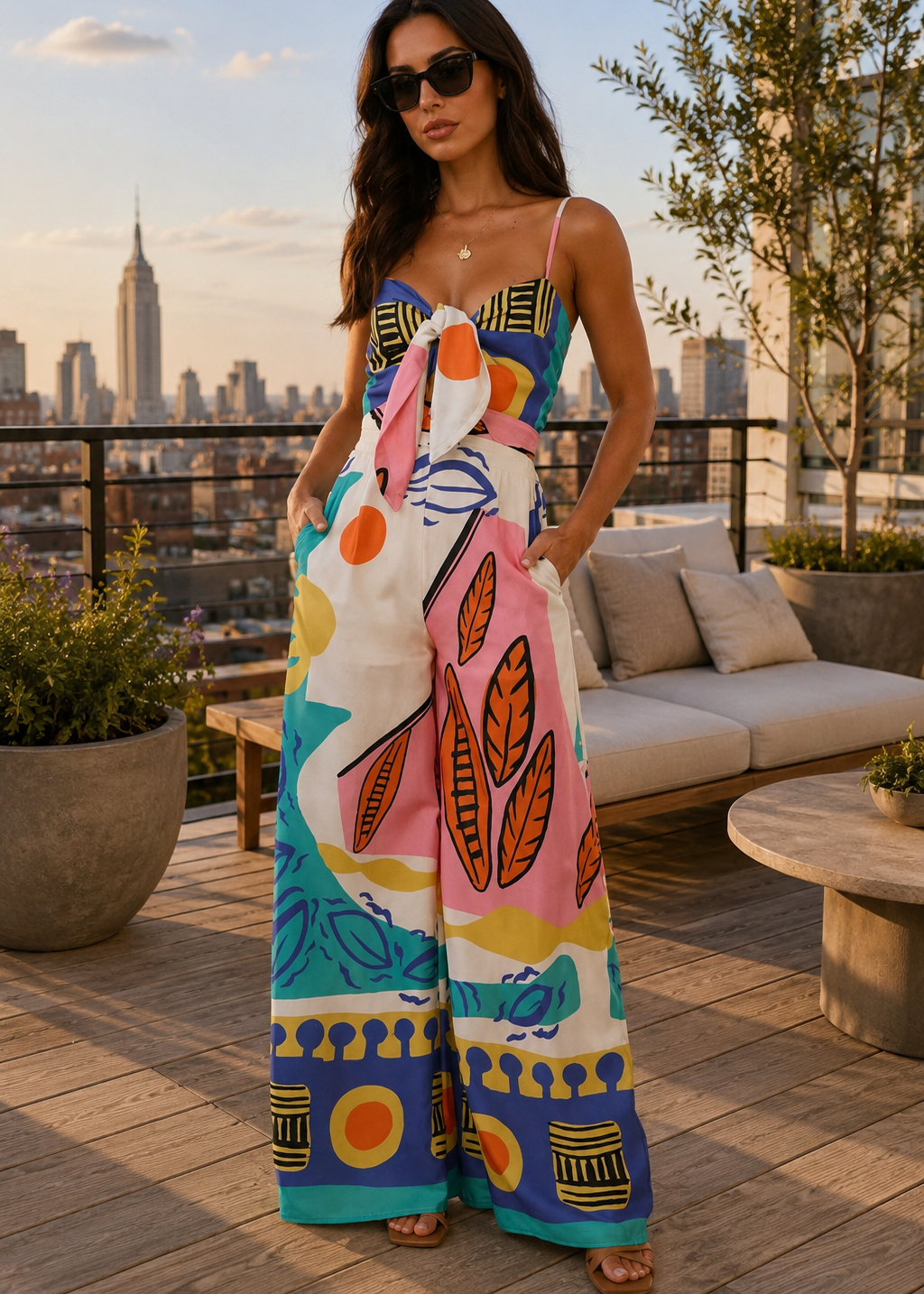 A woman wearing a colorful, patterned maxi dress and sunglasses stands on a wooden rooftop terrace with a city skyline in the background.